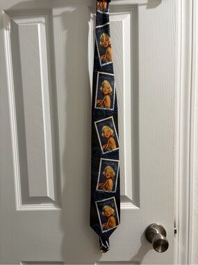 Ralph Marlin Black Tie with Blue and Gold Marilyn Monroe Portrait Stamps